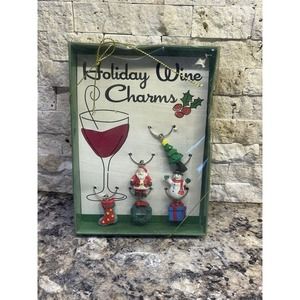 Boxed Set of 6 Christmas Holiday Santa‎ Snowman Tree Wreath Glass Wine Charms